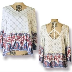 Umgee Womens Printed Bell Sleeve Top Small White Loose Fit Cut Out Lightweight